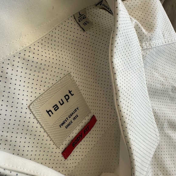 Men’s Haupt Germany regular Fit Button shirt sz L 16 1/2 Blue polka dot print - Picture 2 of 5